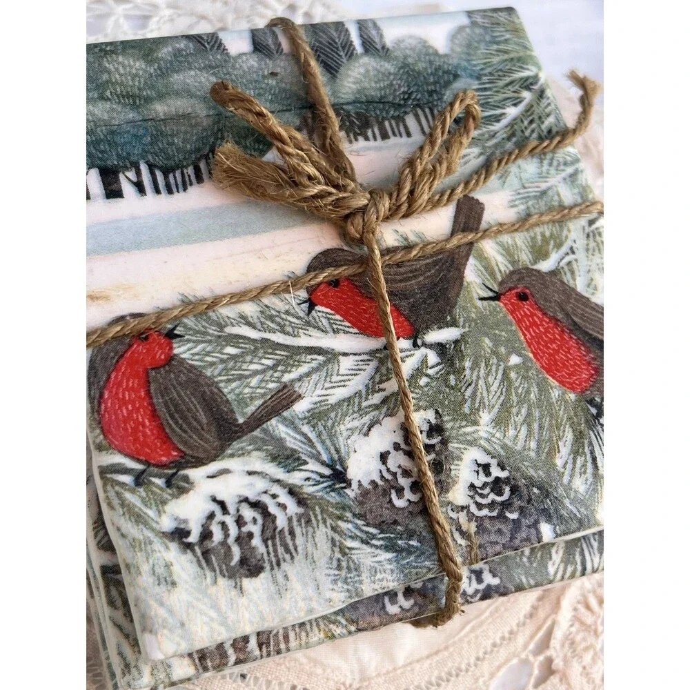 Handmade  Red Robin Coasters Set of 4 Ceramic Tile Coasters Cottagecore